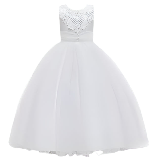 White strapless dress with lace detailing on a white background