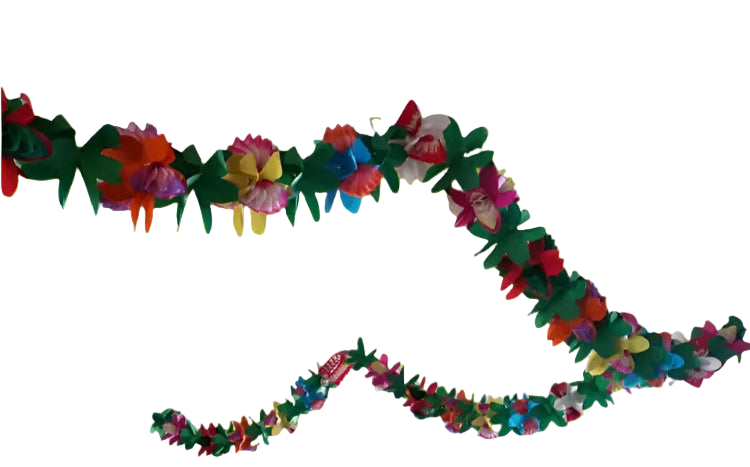 Colorful paper flower garland hanging on a ceiling