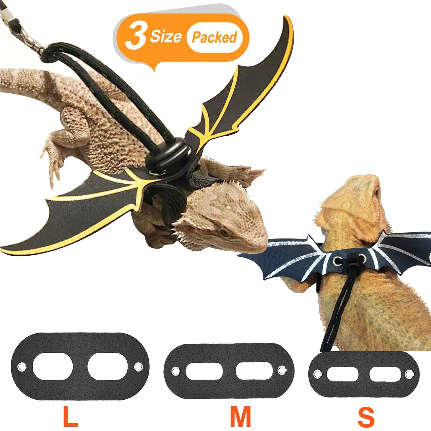 Bat-shaped leashes for small animals with size options displayed.