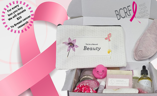 Open box containing beauty products with a pink ribbon and 'BCREF' text on a pink background