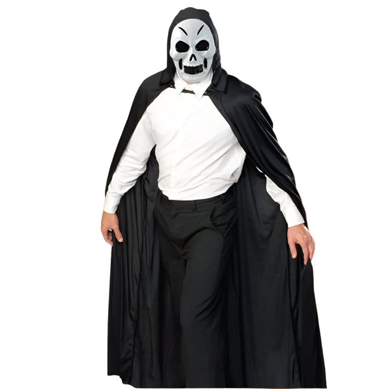 Person wearing a black hooded cloak with a skull mask on a white background