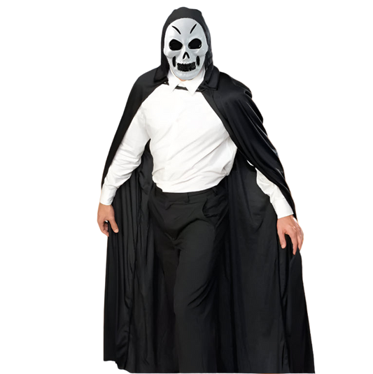 Person wearing a black hooded cloak with a skull mask on a white background