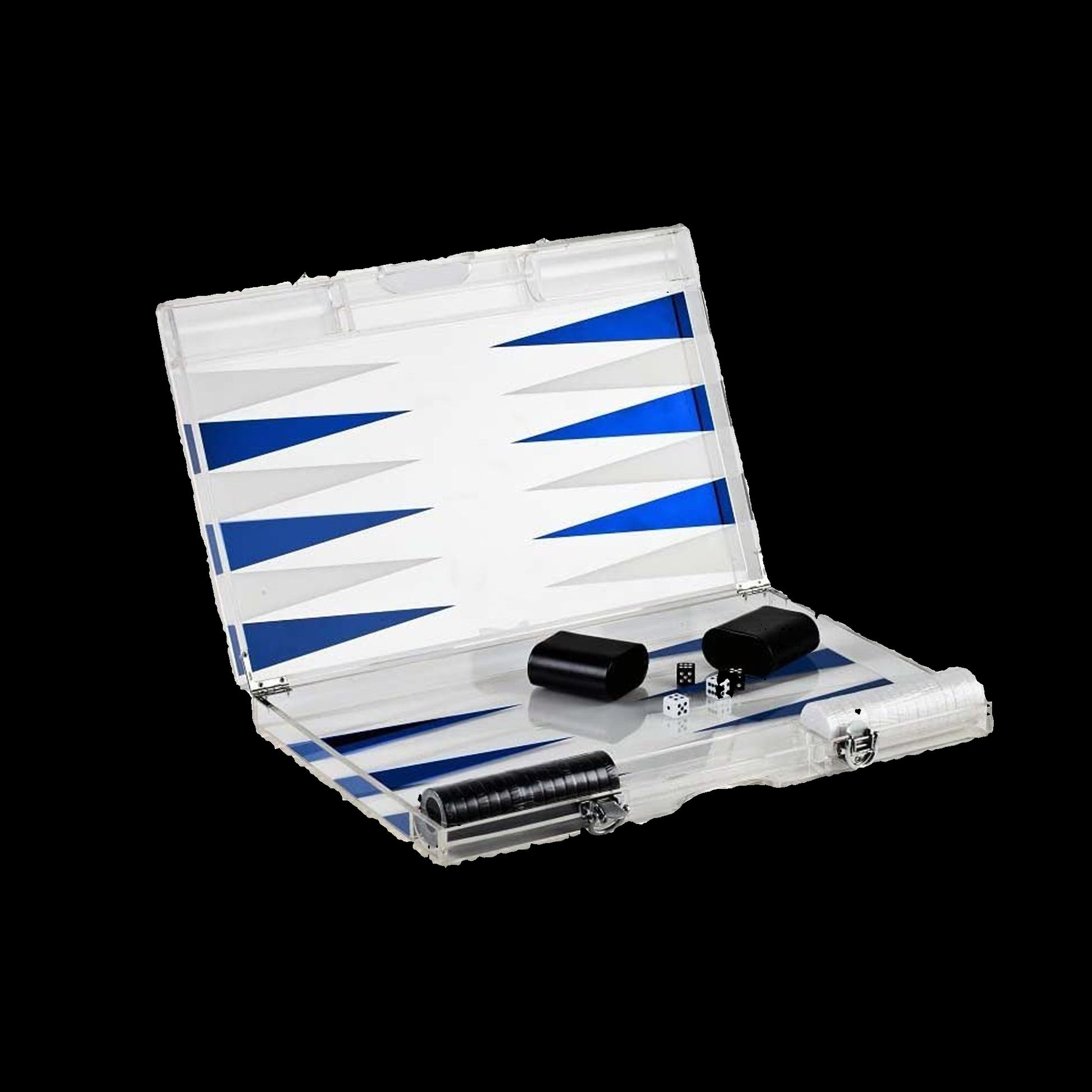 Backgammon set with clear case on a white background