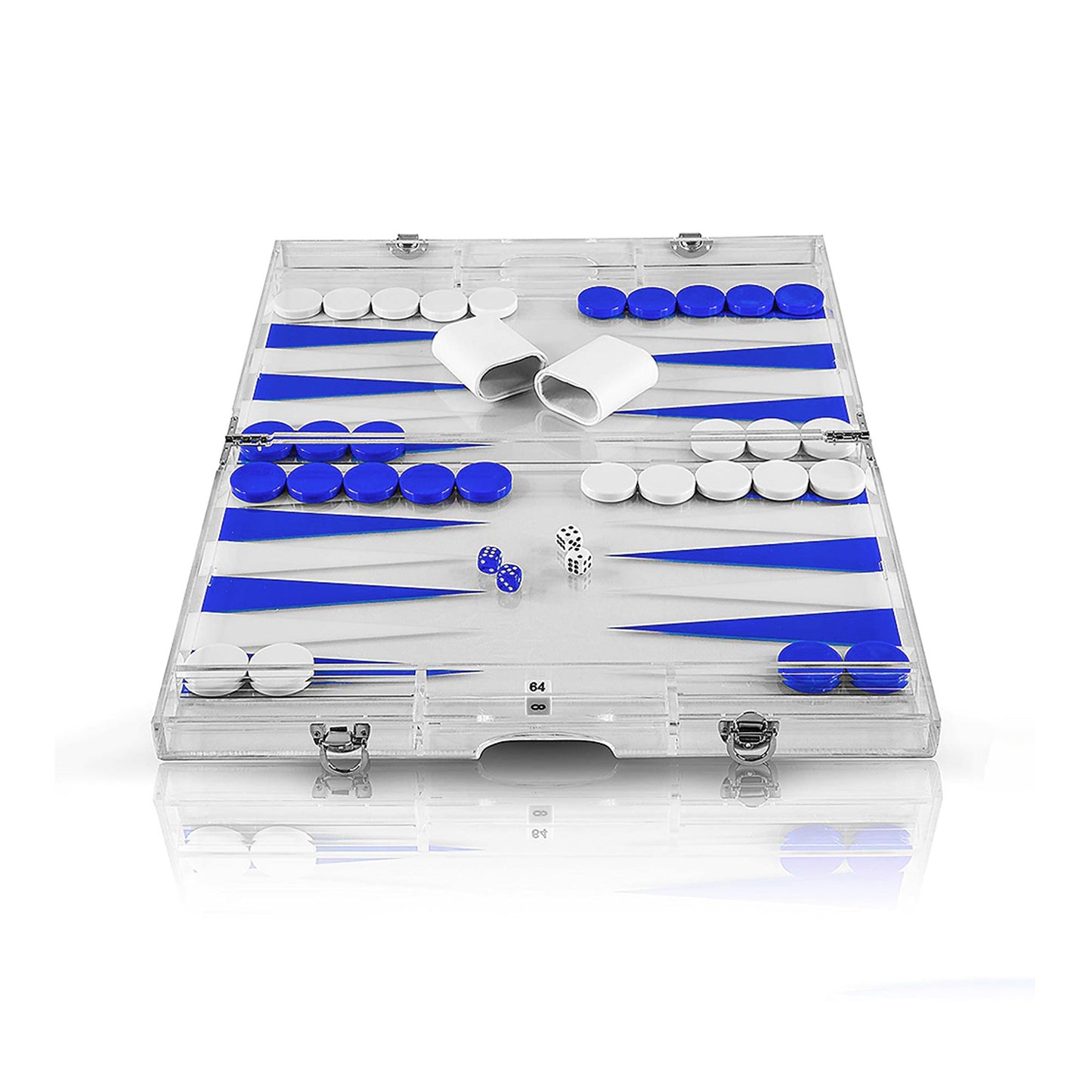Backgammon set with blue and white pieces in a clear case on a white background