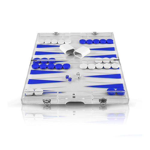 Backgammon set with blue and white pieces in a clear case on a white background