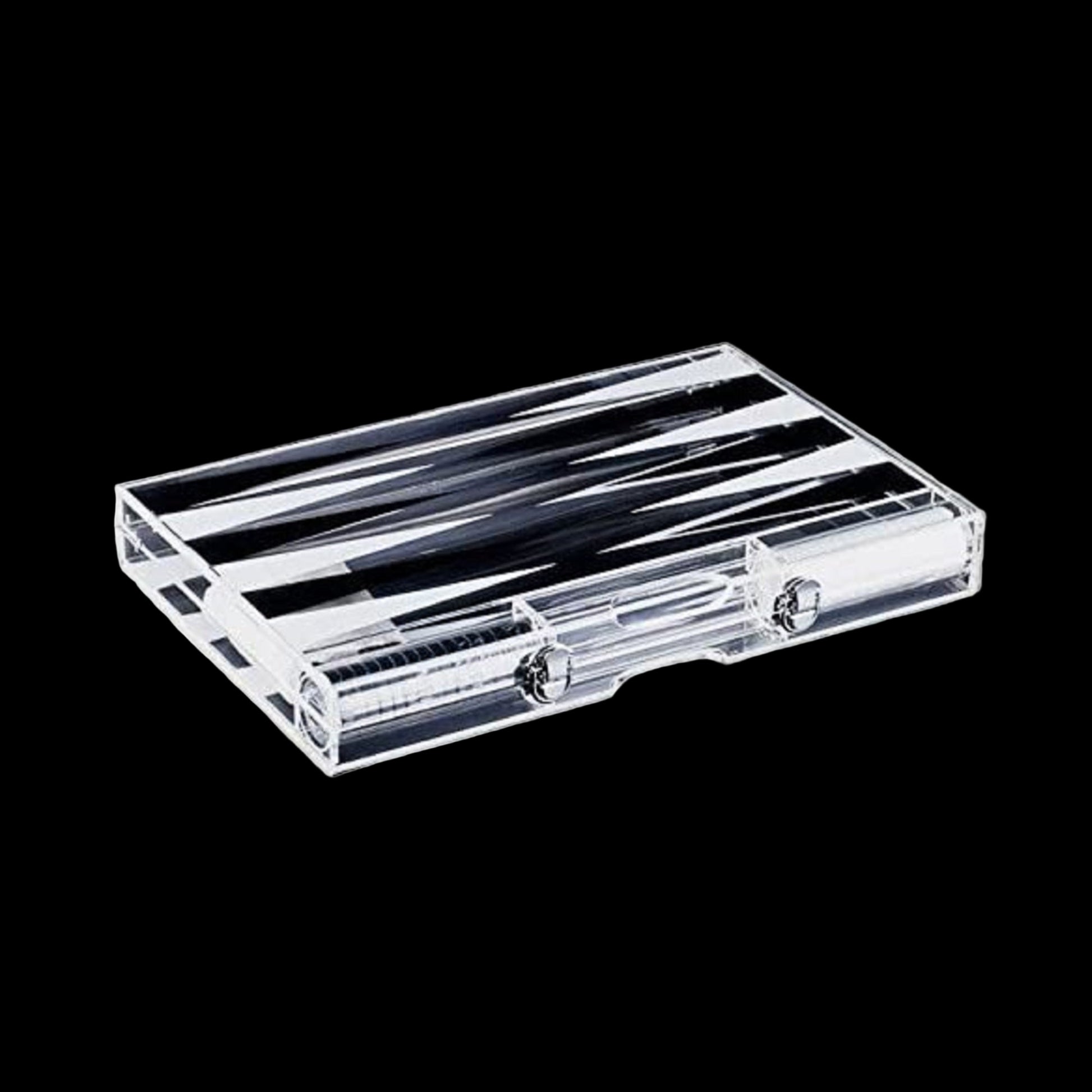 Clear acrylic jewelry box with black interior on a white background