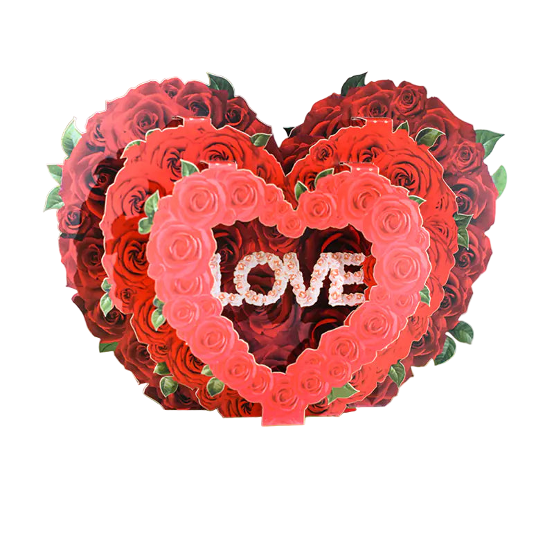 3D heart-shaped card with red roses and 'LOVE' text on a colorful background