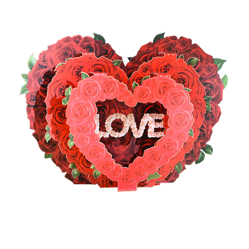 3D heart-shaped card with red roses and 'LOVE' text on a colorful background