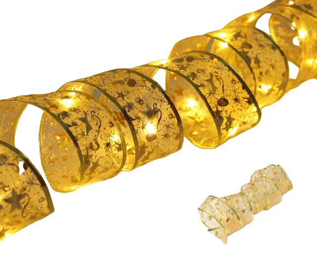 Decorative string lights with gold ribbons and warm white light on a neutral background.