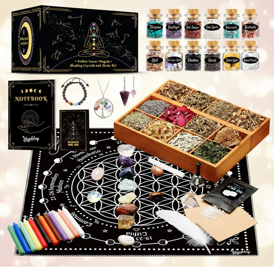 Witchcraft kit with crystals, herbs, and tools on a black background
