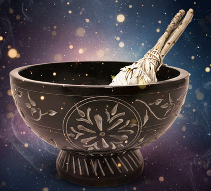 Black Soapstone Floral Bowl - Elegant Handcrafted Design - Lucky Girl Gifts