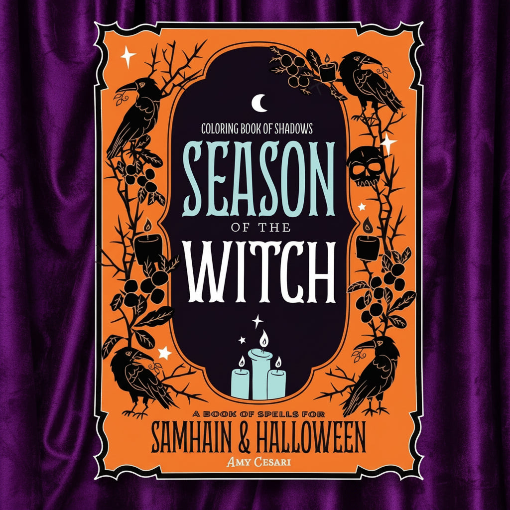 Front cover of the coloring book 'Season of the Witch: A Book of Spells for Samhain & Halloween' by Amy Gessari, featuring a black and orange design with illustrations of crows, candles, and a skull.