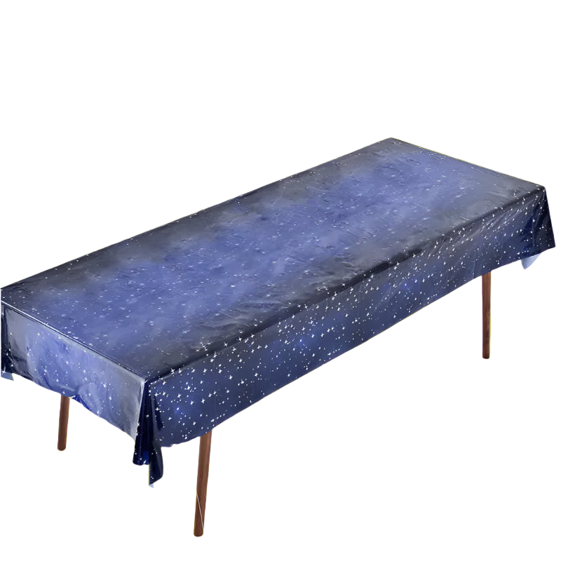Table with a blue starry night tablecloth on a white background