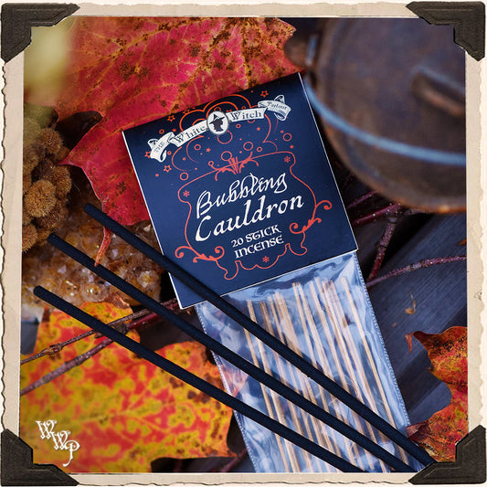 Incense packaging with 'Bubbling Cauldron' text against a background of autumn leaves and a cauldron.