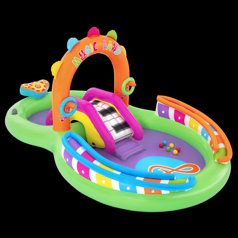 Colorful children's play center with piano keys on a white background
