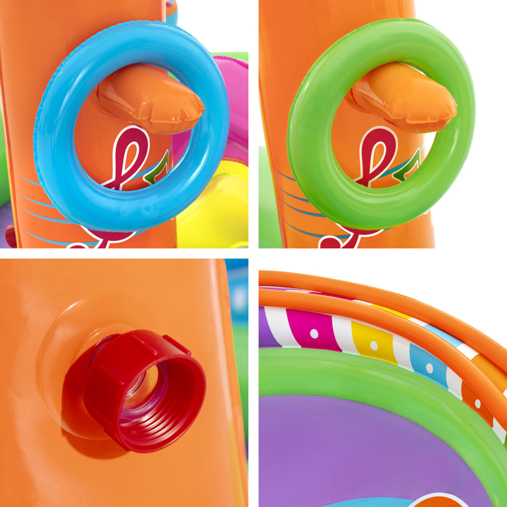 Colorful inflatable pool toy with rings in various colors on a white background