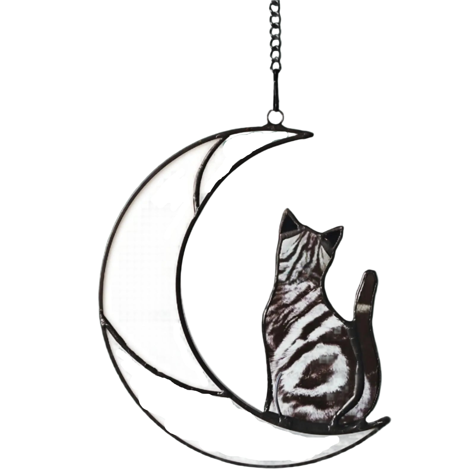 Decorative metal wall art of a cat sitting on a crescent moon