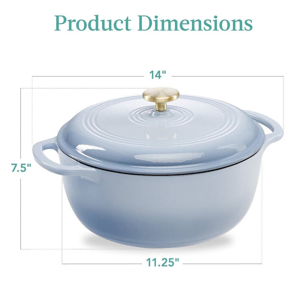 Blue cast iron cookware with dimensions labeled on a white background