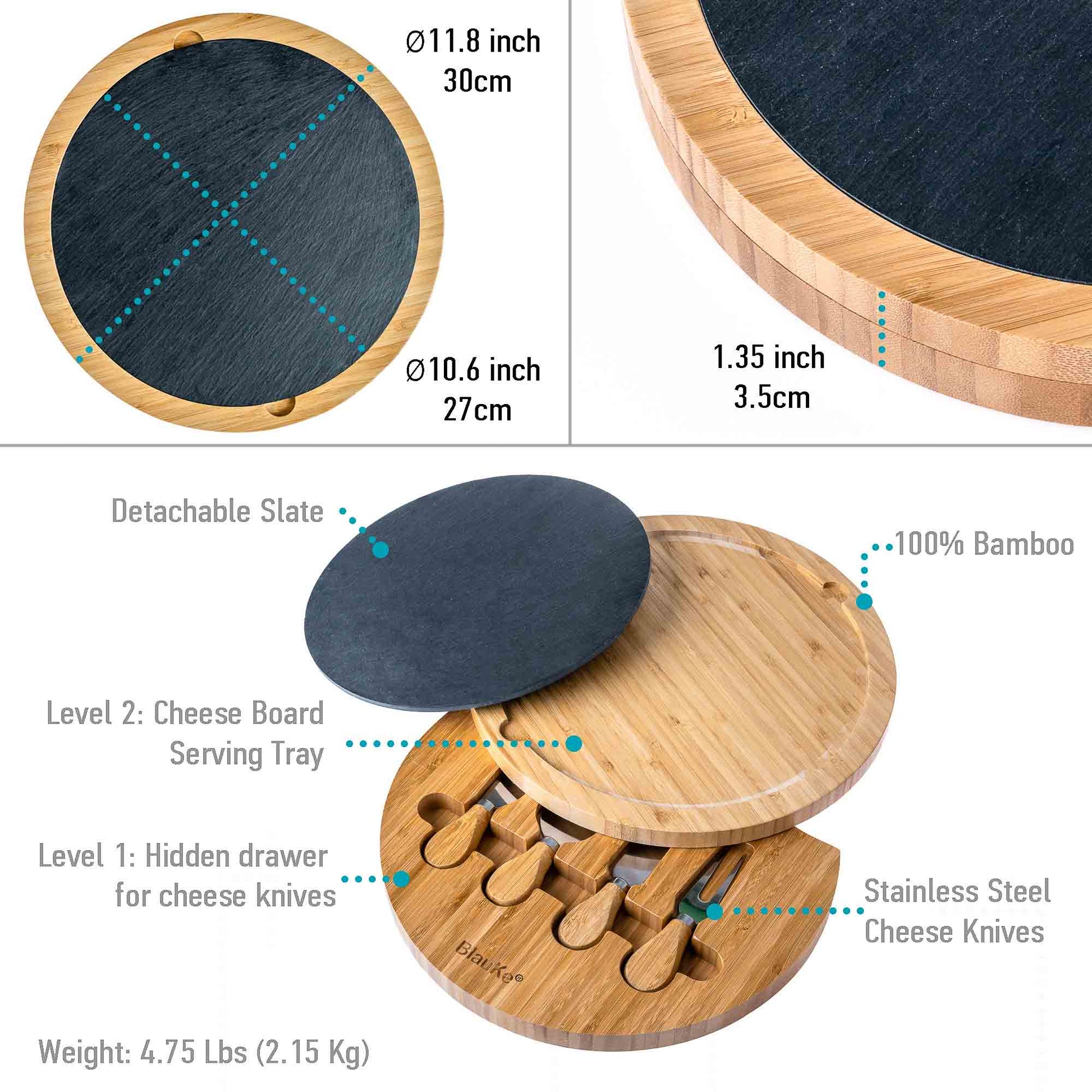 Bamboo cheese board with detachable slate, cheese knives, and measurements.
