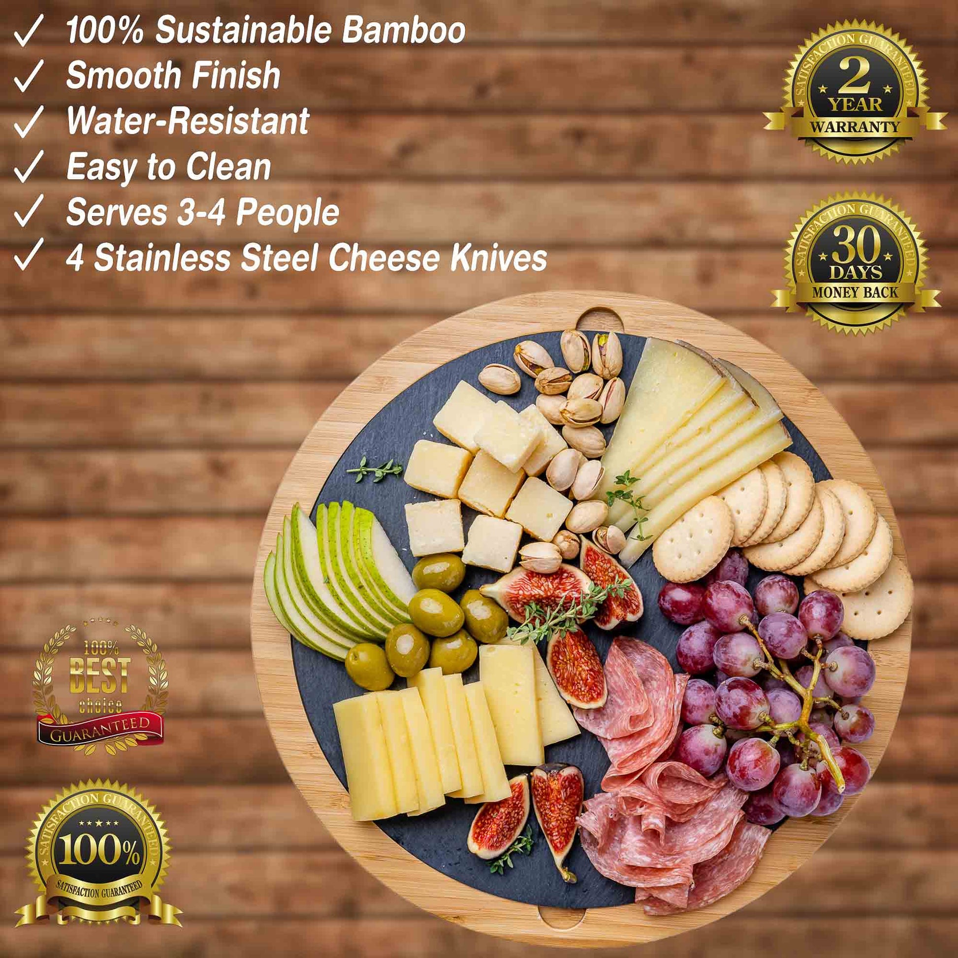 Wooden charcuterie board with assorted cheeses, meats, and fruits on a wooden background with product features listed.