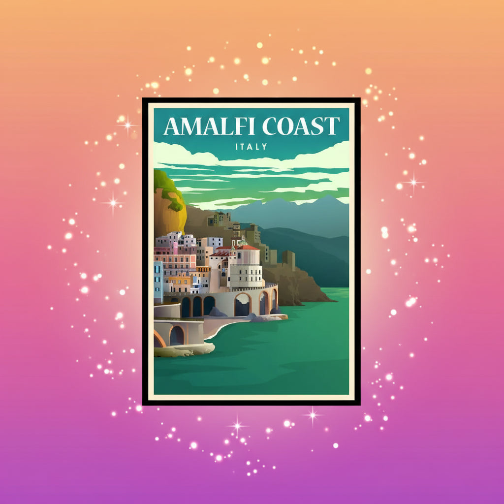 Poster of the Amalfi Coast with colorful buildings and green sea.
