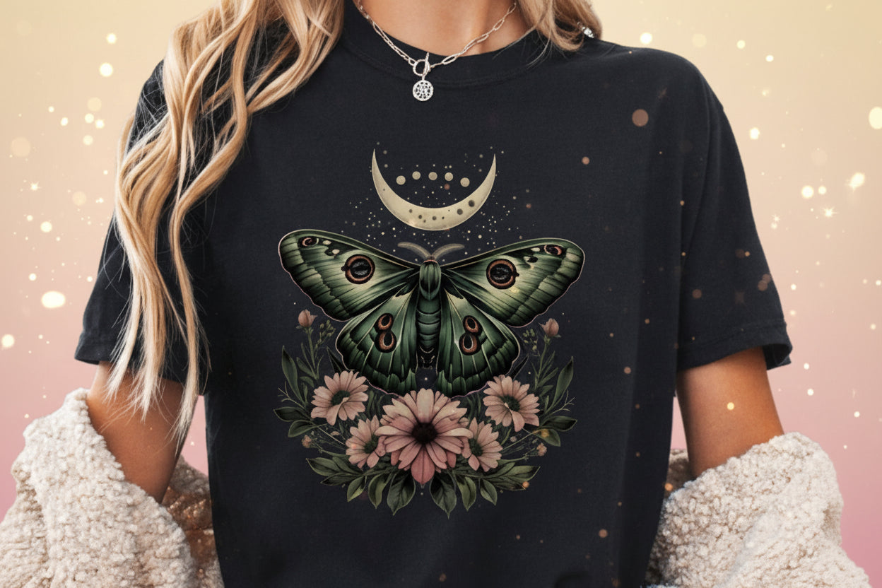 Bohemian Mystic Moon Phase Moth Comfort Colors Shirt-1
