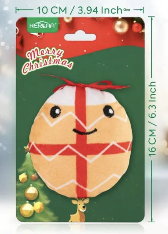 Christmas-themed product packaging with dimensions and festive background