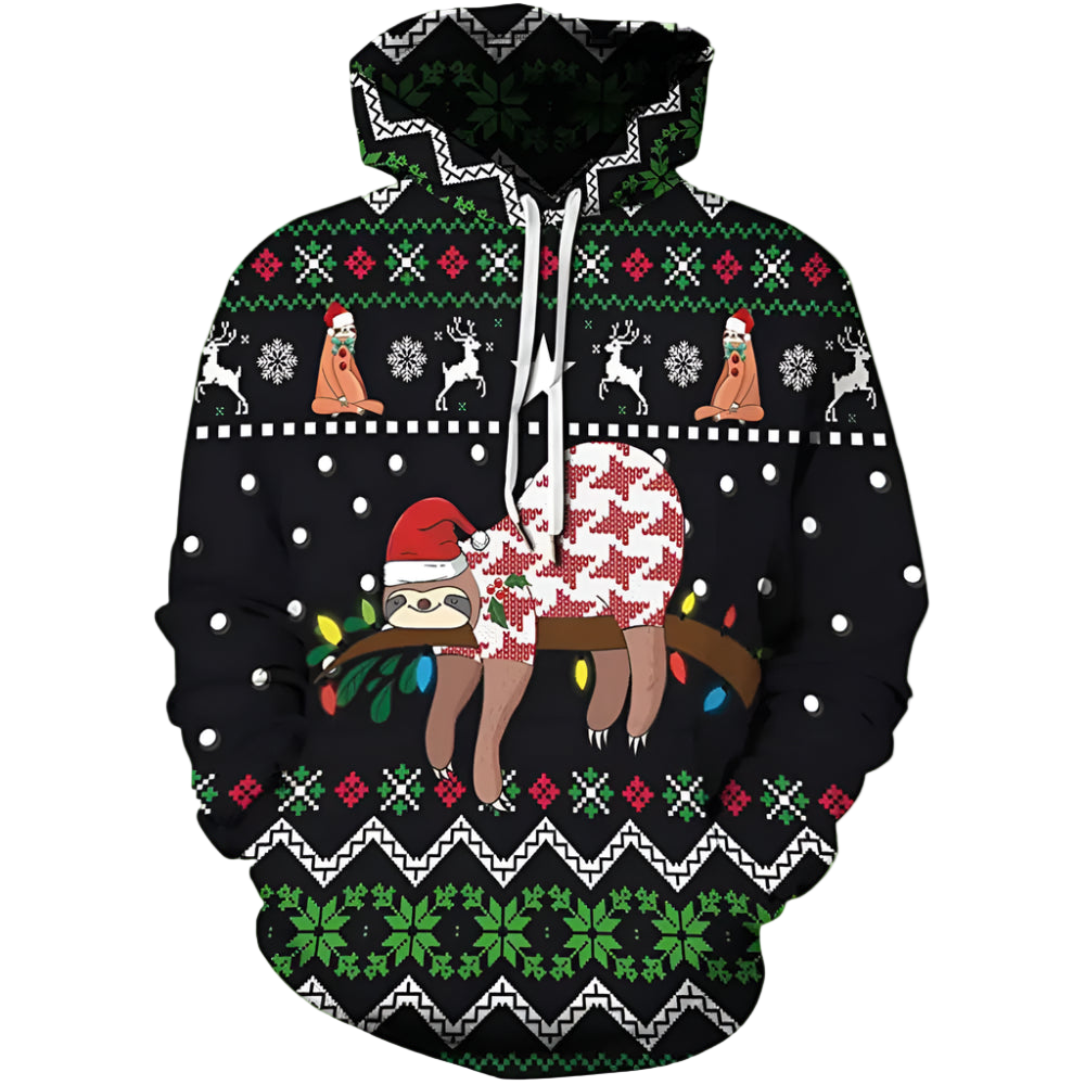 Hoodie with Christmas-themed design featuring two sloths and lights on a black background.