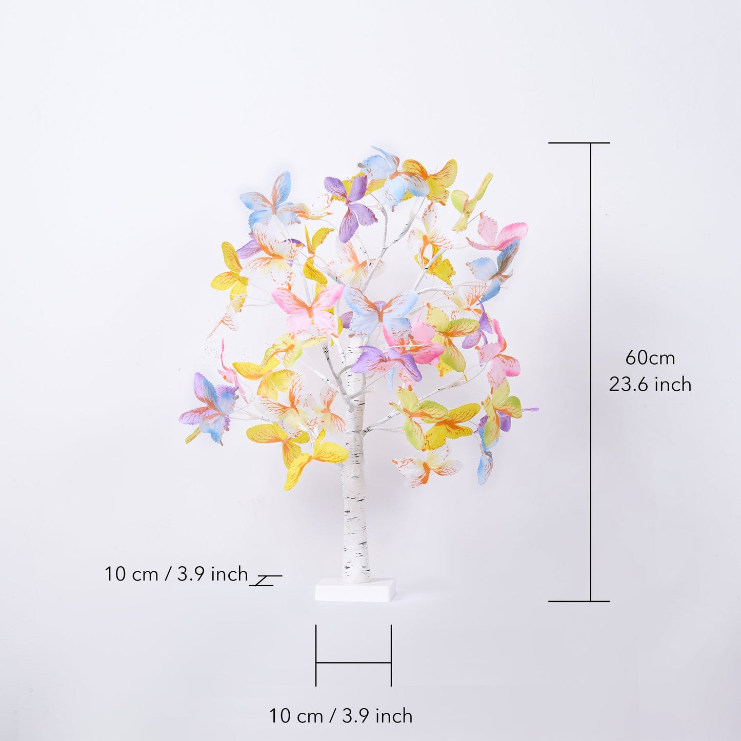 Decorative tree with colorful butterflies and measurements on a white background