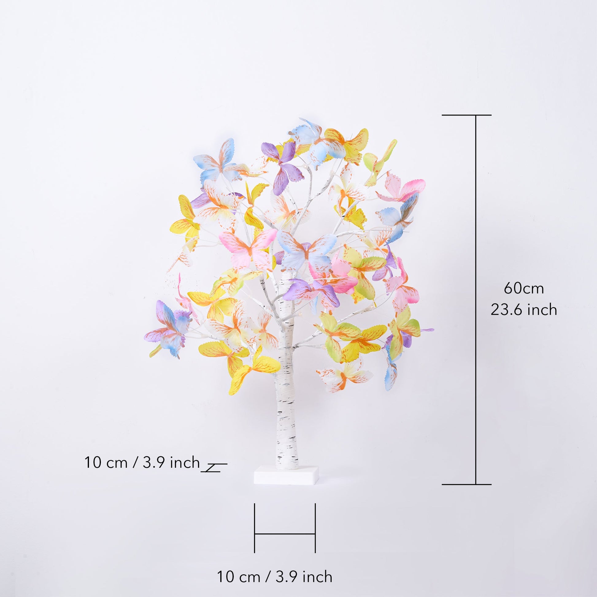 Decorative tree with colorful butterflies and measurements on a white background