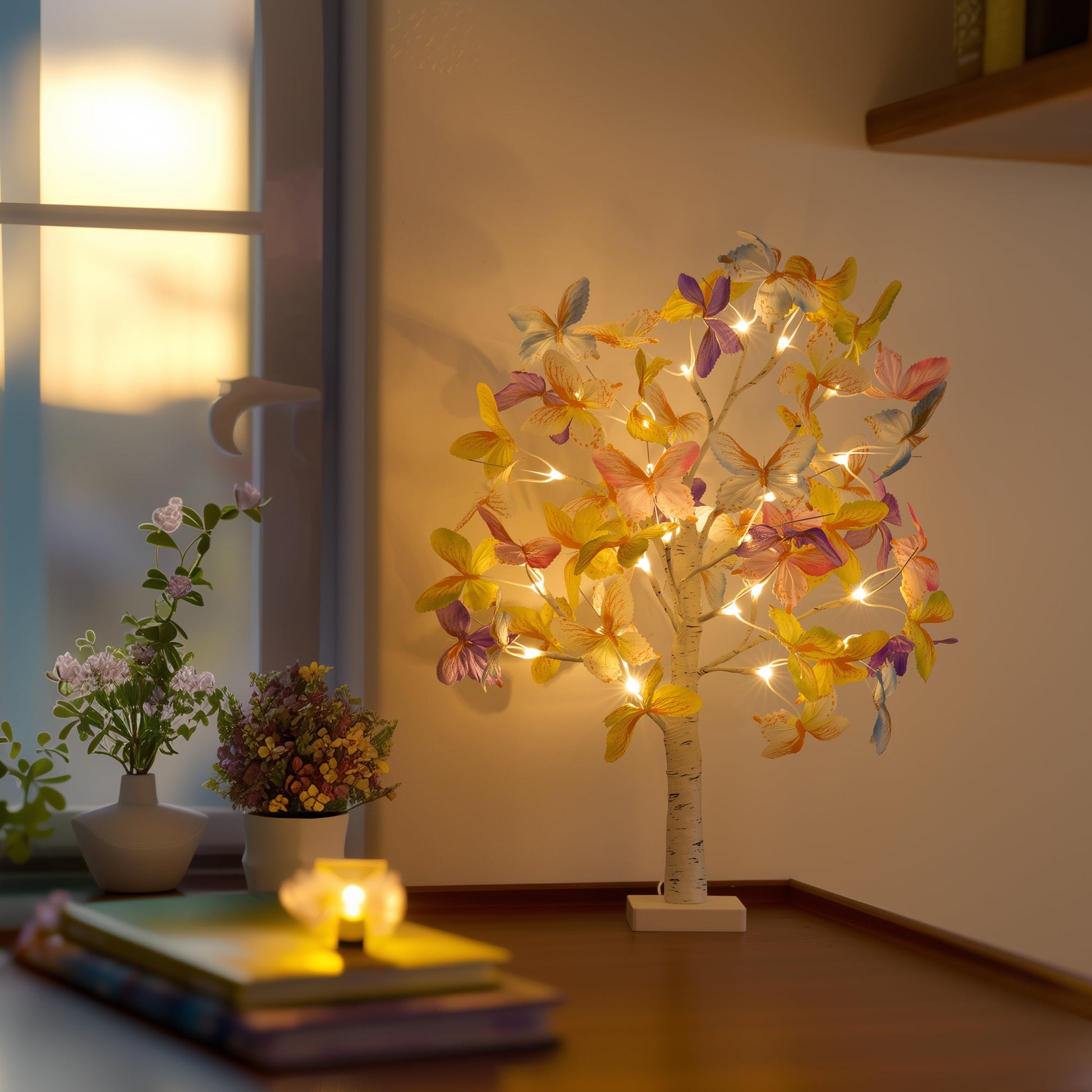 Decorative LED tree with colorful flowers on a table next to books and candles.
