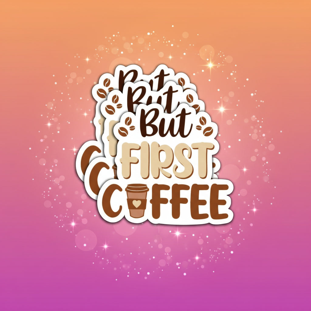 Sticker with 'But First Coffee' text and coffee cup design on a white background