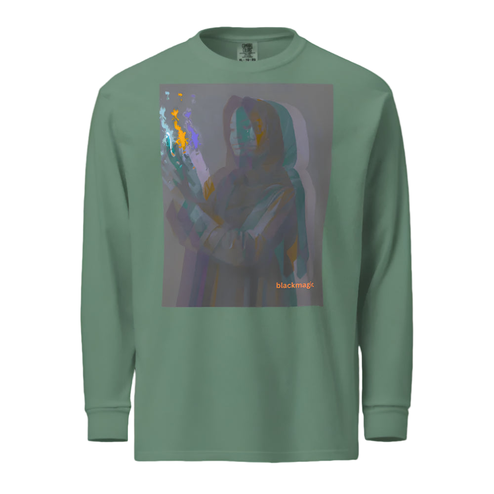 Green long-sleeve shirt with a graphic design on a white background