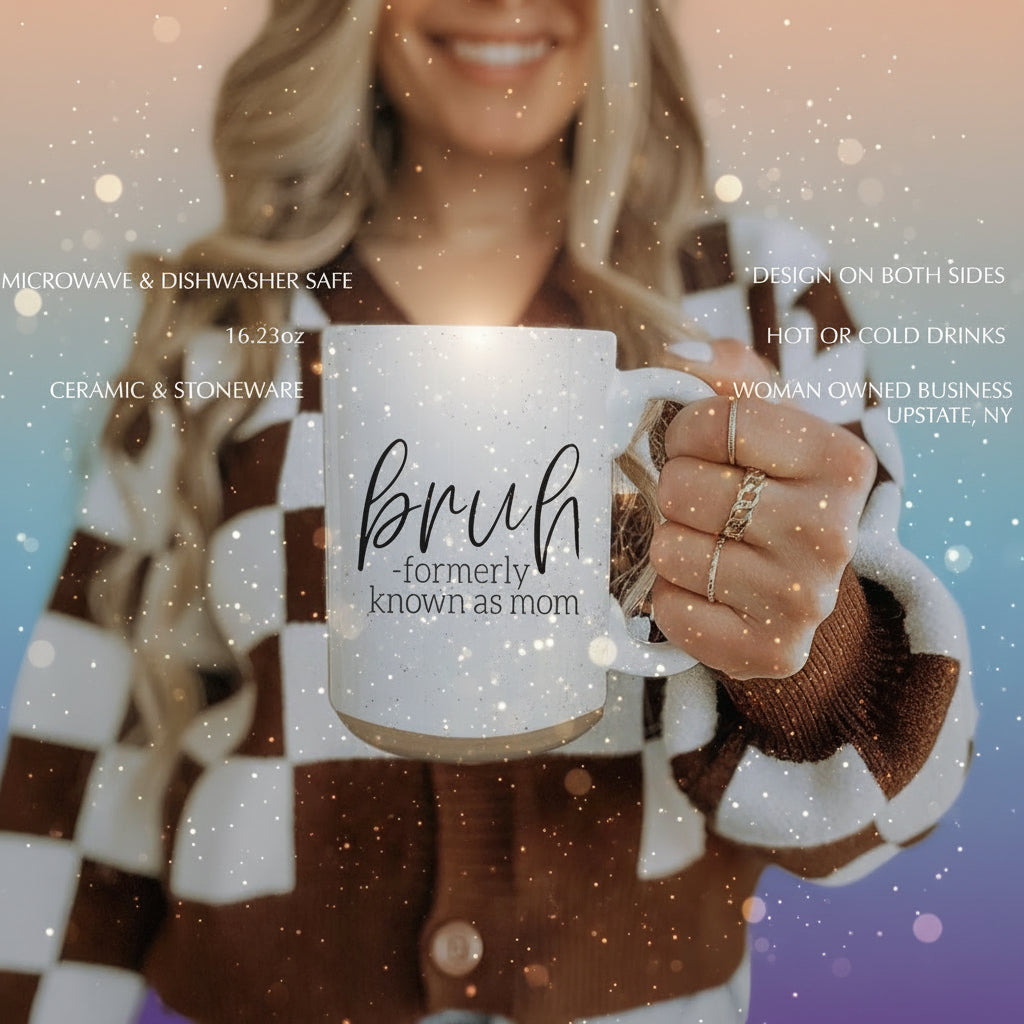 Person holding a mug with 'bruh formerly known as mom' text, wearing a checkered sweater.