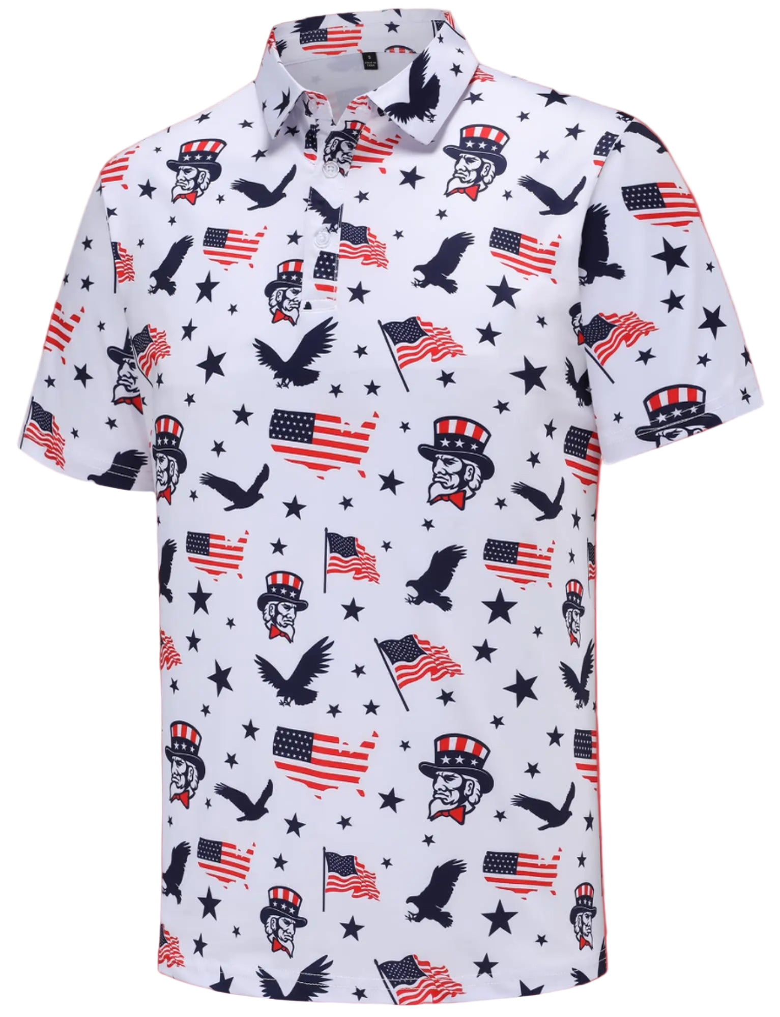 Short-sleeve shirt with American flag and eagle pattern on a white background