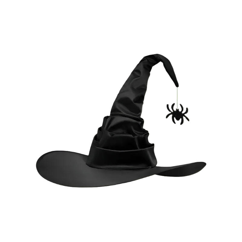 Black witch hat with a spider decoration on a white background