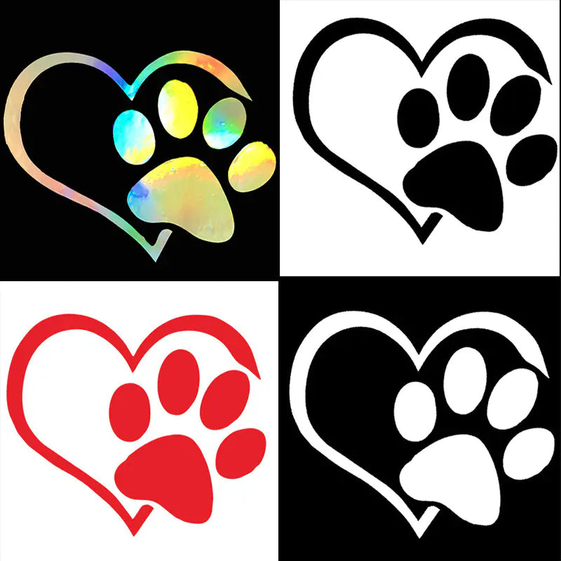 Four heart-shaped designs with paw prints in different colors on a black background.