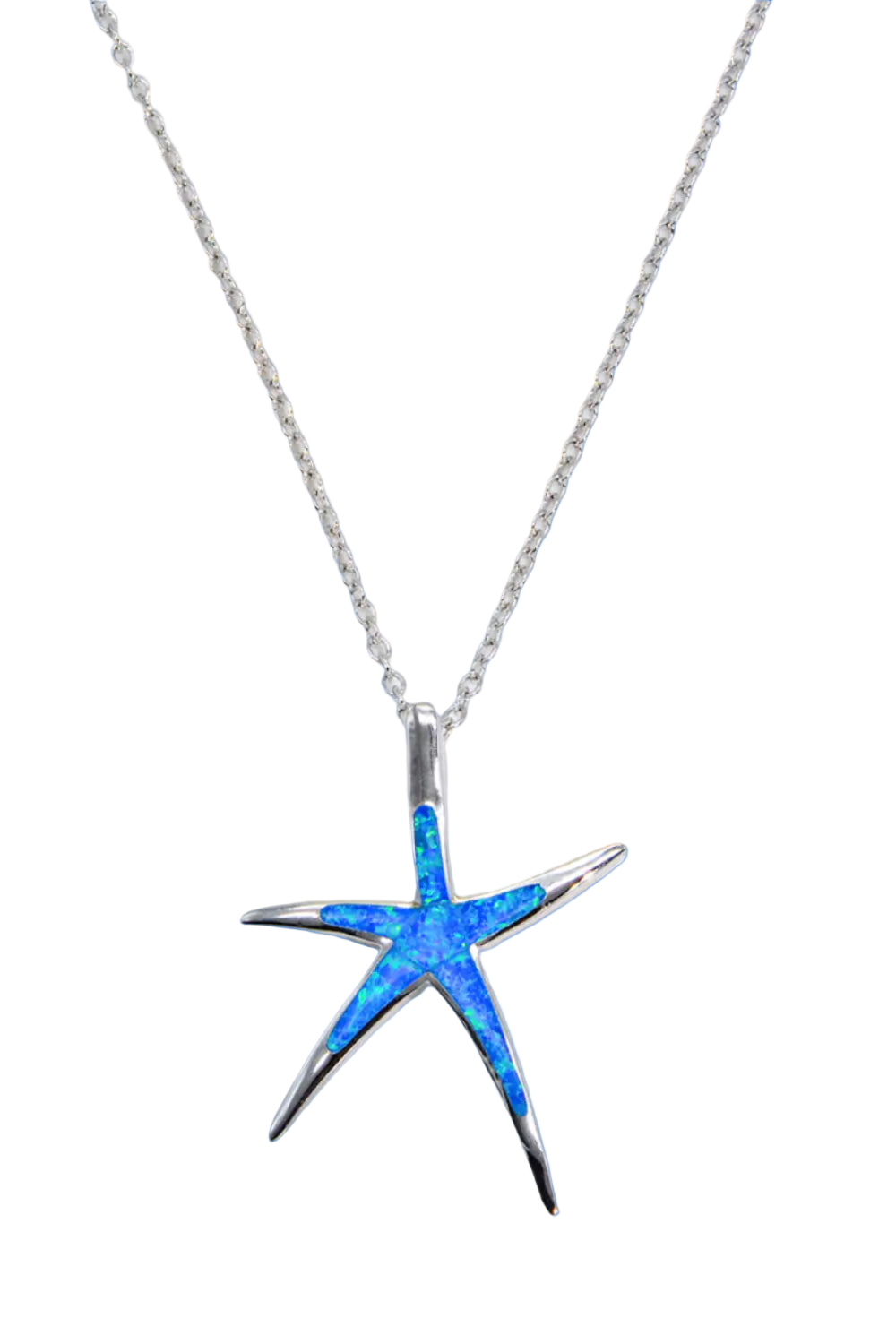 Starfish-shaped pendant with blue center on a silver chain against a white background