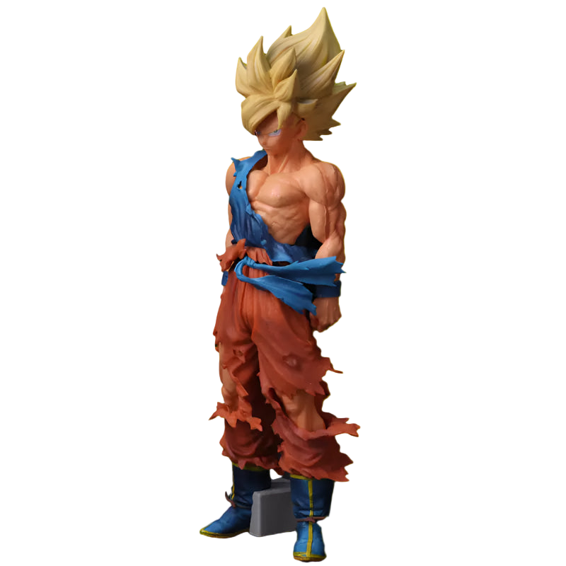Action figure of a character in orange and blue outfit on a black background