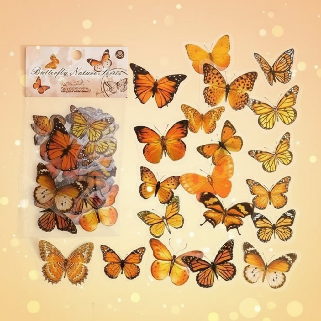 Collection of orange and yellow butterflies with packaging on a white background