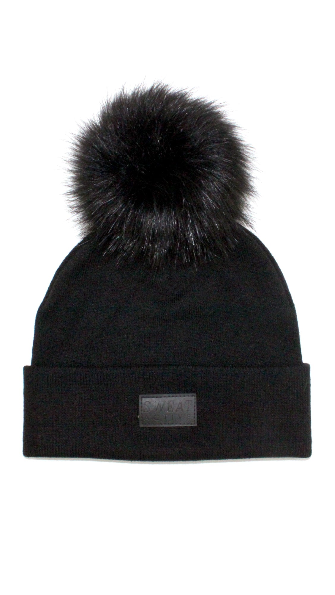 Black beanie with a fur pom-pom on a white background