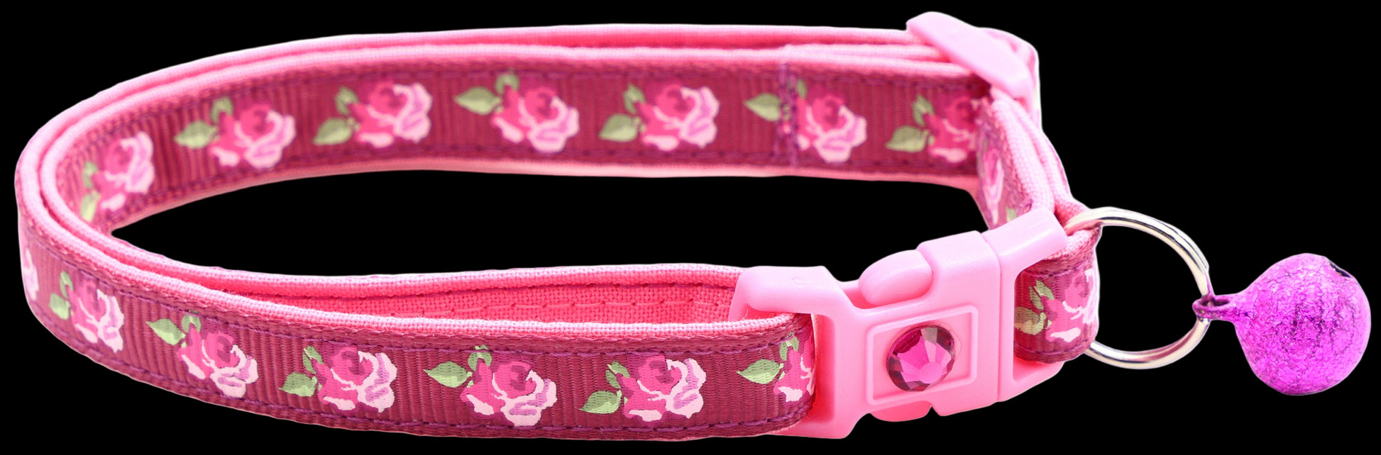 Pink floral dog collar with a bell on a white background