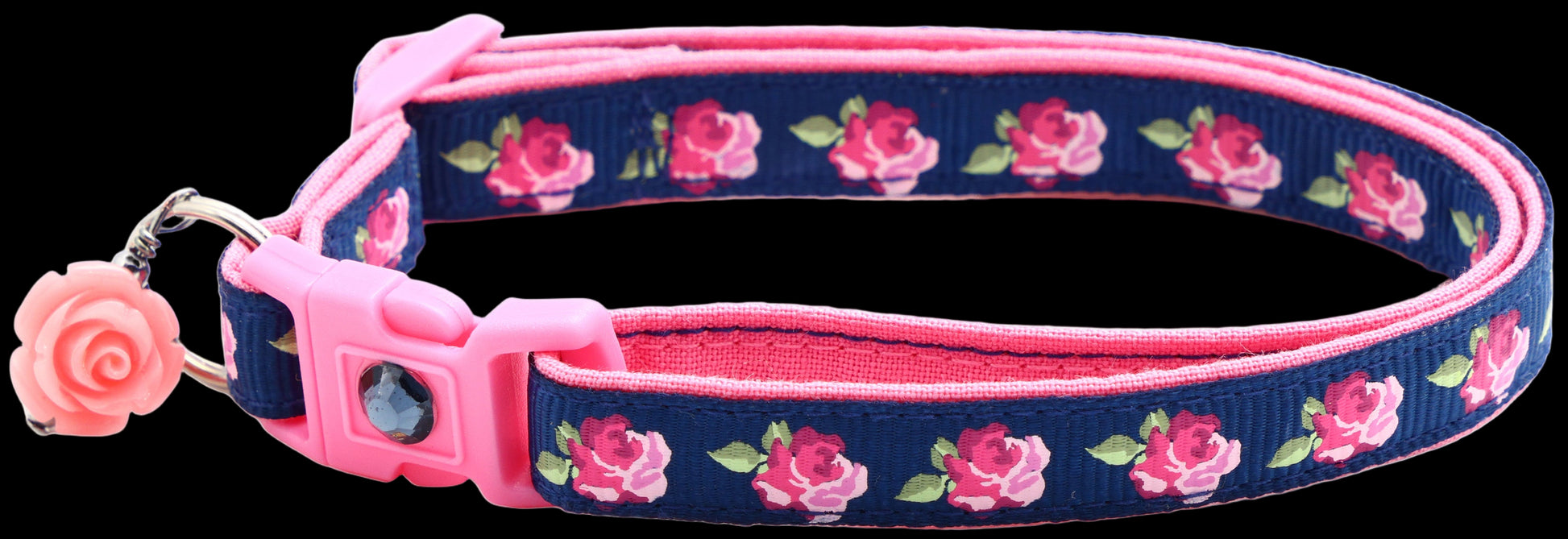 Navy blue dog collar with pink floral pattern on a white background