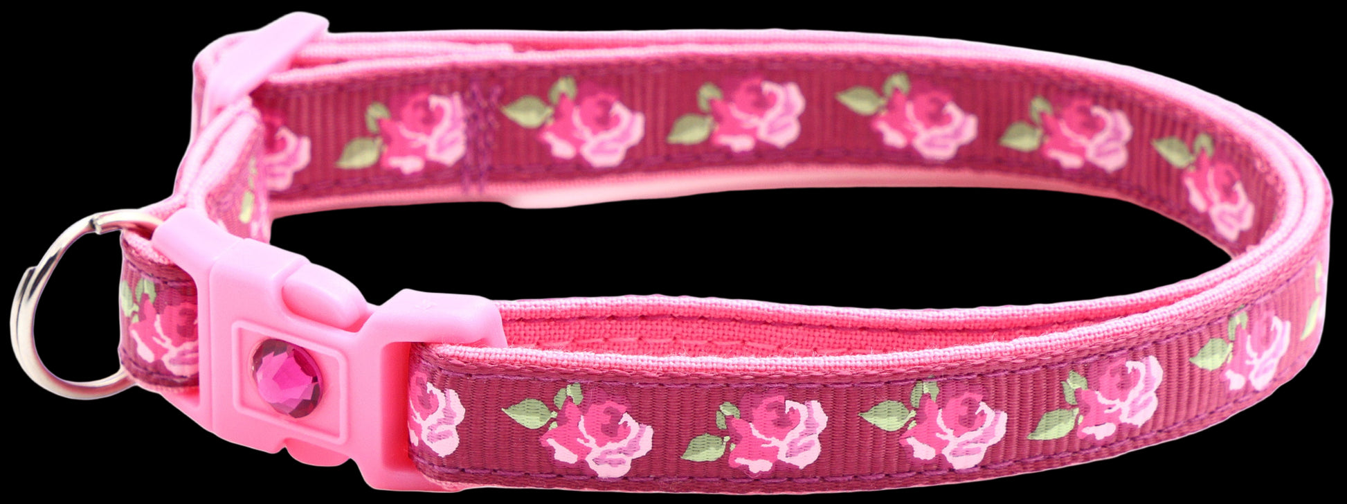 Pink dog collar with floral pattern on a white background