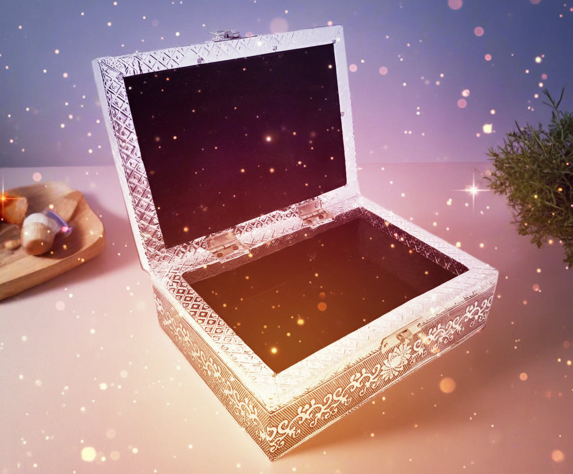 Decorative jewelry box with intricate patterns on a neutral background