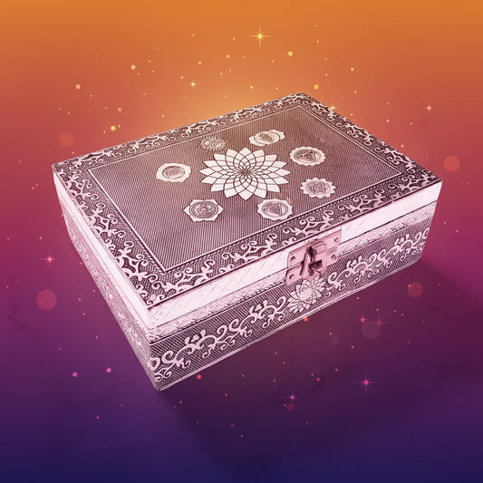 Decorative silver box with intricate patterns on a marble surface