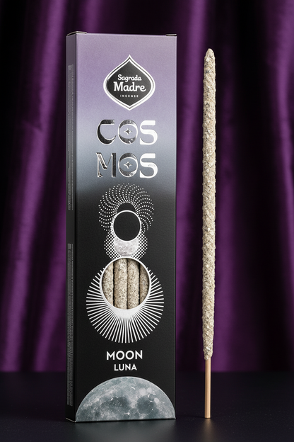 Incense stick with packaging labeled 'Cosmos Moon Luna' by Sagrada Madre on a white background.