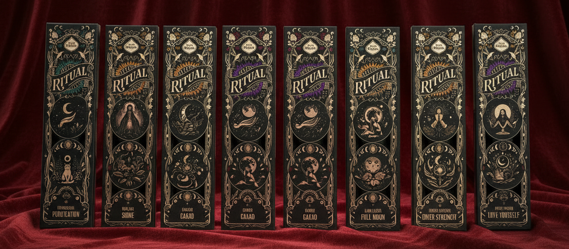 Set of eight 'Ritual' product boxes with decorative designs on a white background