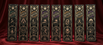 Set of eight 'Ritual' product boxes with decorative designs on a white background
