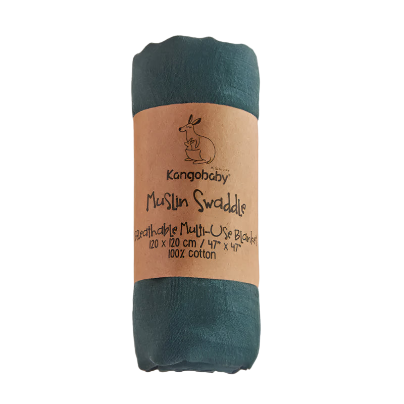 Kangobaby muslin swaddle blanket with brown label on a white background